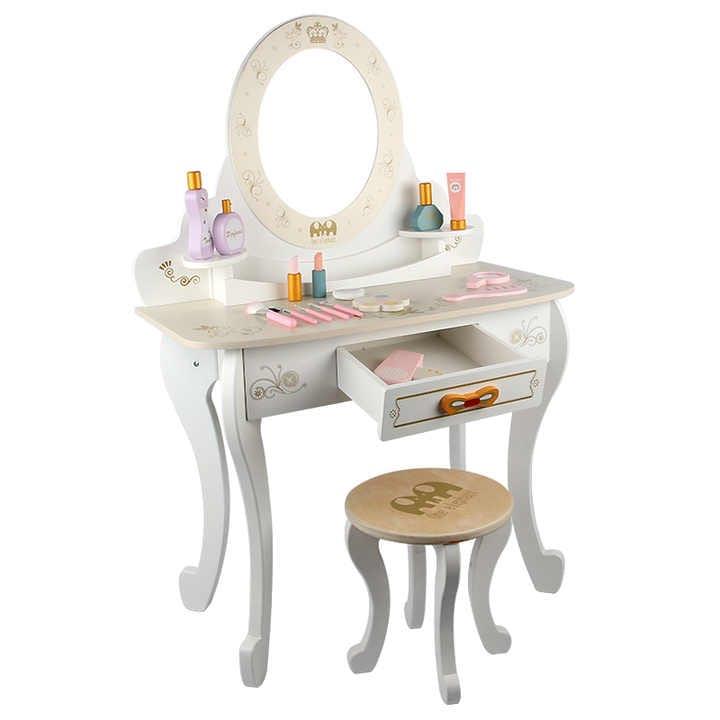 White Kids Wooden Dresser; Stool And Makeup Set