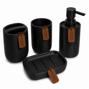 BLACK 4-PIECE RIBBED BATHROOM SET