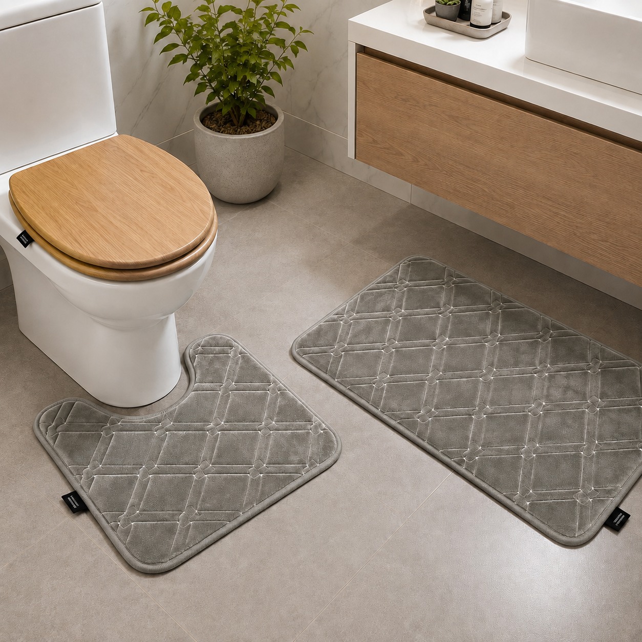 BEIGE 2-PIECE LUXURY MEMORY FOAM BATH MAT SET - Image 2