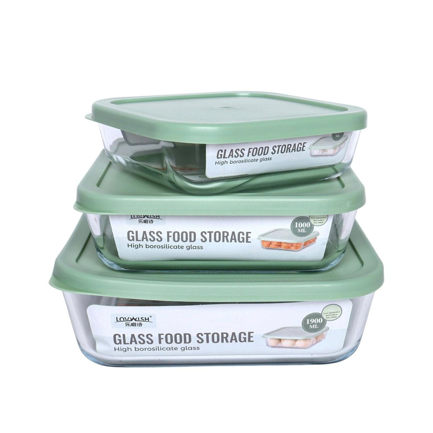 3PC SQUARE GLASS CONTAINER SET – SAGE LID