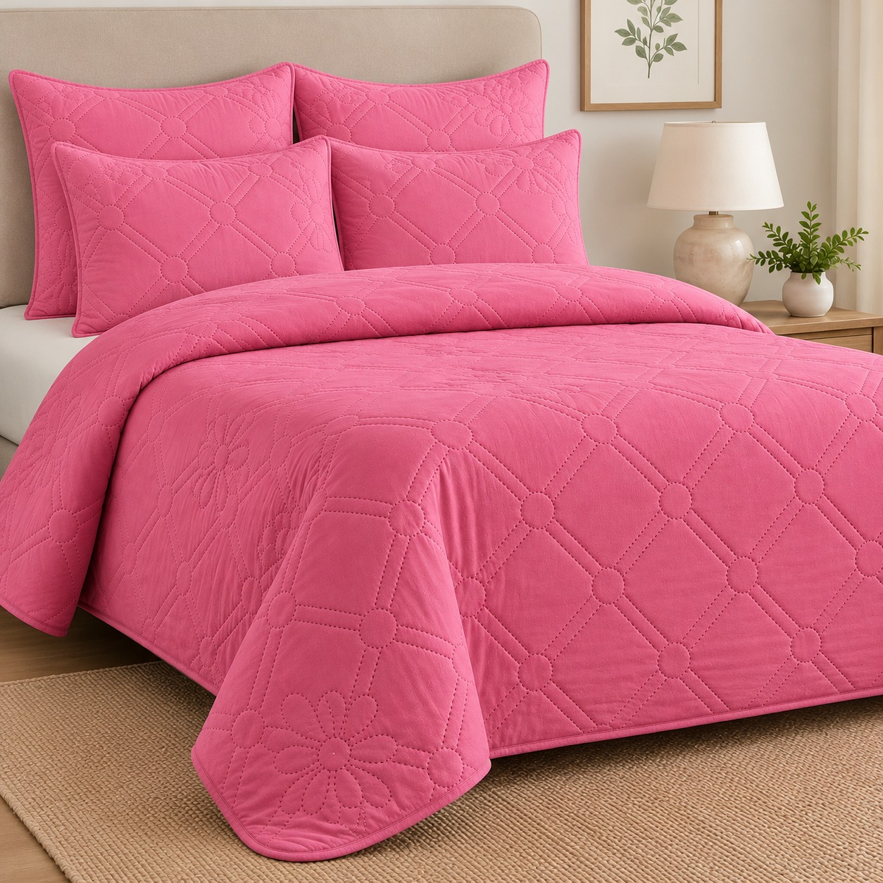PINK HOMESTYLE 5 PIECE MICROFIBRE LUXURY QUILT SET - Image 2